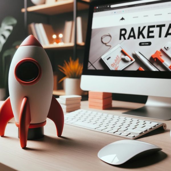 DALL·E 2023-10-23 17.33.50 - Photo of a rocket-shaped desk ornament, symbolizing 'Ракета', placed next to a computer displaying a beautifully designed website homepage, emphasizin